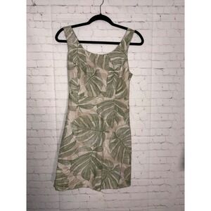 Japna Green Tropical Monstera Leaf Print Smocked Back Mini Flax Cotton‎ Dress SM